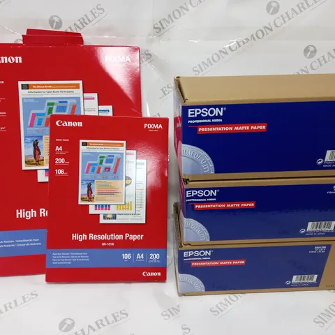 LOT OF 6 PRINTER PAPER ITEMS TO INCLUDE CANON HIGH RESOLUTION AND EPSOM PRESENTATION MATT PAPER