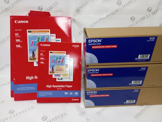 LOT OF 6 PRINTER PAPER ITEMS TO INCLUDE CANON HIGH RESOLUTION AND EPSOM PRESENTATION MATT PAPER