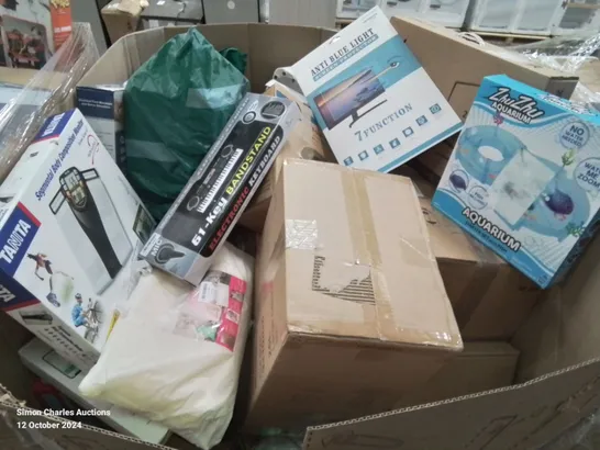 PALLET CONTAINING VARIOUS ASSORTED ITEMS TO INCLUDE: ZHUZHU AQUARIUM, ELECTRONIC KEYBOARD, BODY COMPOSITION MONITOR, PAPER SHREDDER ETC.