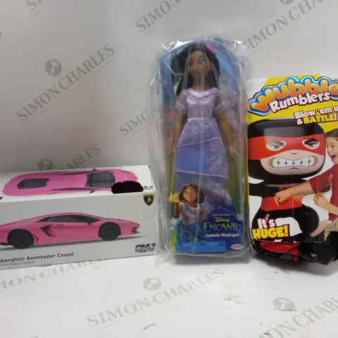 LOT OF 3 ASSORTED ITEMS TO INCLUDE LAMBORGHINI AVENTADOR COUPE TOY, DISNEY ENCANTO ISABELA MADRIGAL DOLL, WUBBLE RUMBLERS NINJA