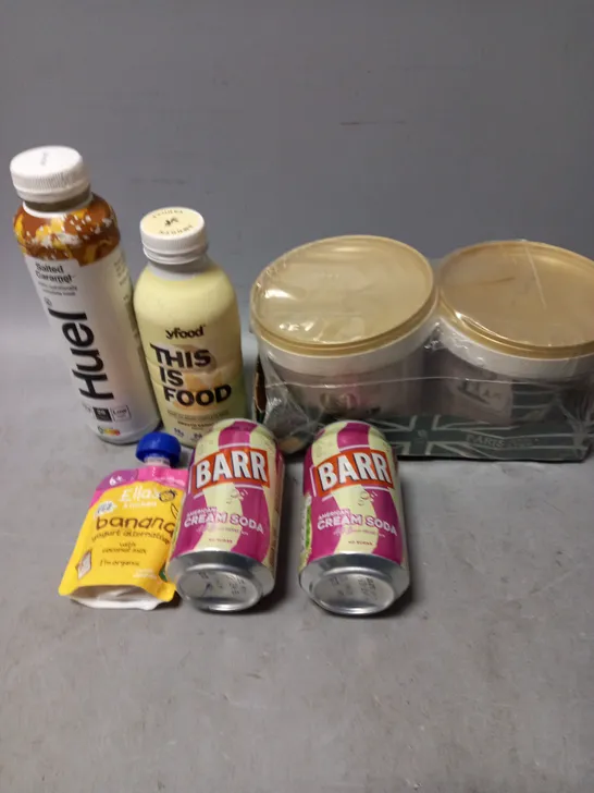 APPROXIMATELY 10 ASSORTED FOOD/DRINK PRODUCTS TO INCLUDE WHOLE EARTH CRUNCHY PEANUT BUTTER, HUEL DRINKS, CREAM SODA DRINKS ETC - COLLECTION ONLY 