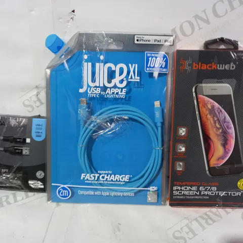 BOX OF APPROXIMATELY 15 ASSORTED ELECTRICAL ITEMS TO INCLUDE BLACKWEB IPHONE SCREEN PROTECTOR, JUICE XL USB-C TO LIGHTING CABLE, ASDA TECH USB-A TO USB-C CABLE, ETC