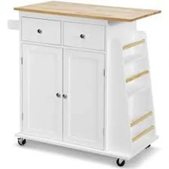 BOXED KITCHEN ISLAND WITH RUBBER WOOD COUNTERTOP AND STORAGE ON WHEELS - WHITE