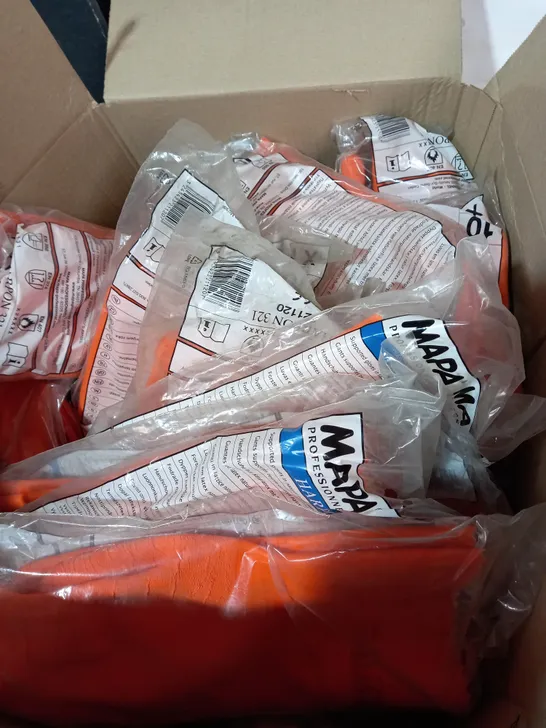 BOX OF APPROXIMATELY 30 ASSORTED BRAND NEW MAPA HARPON 321 ORANGE GLOVES