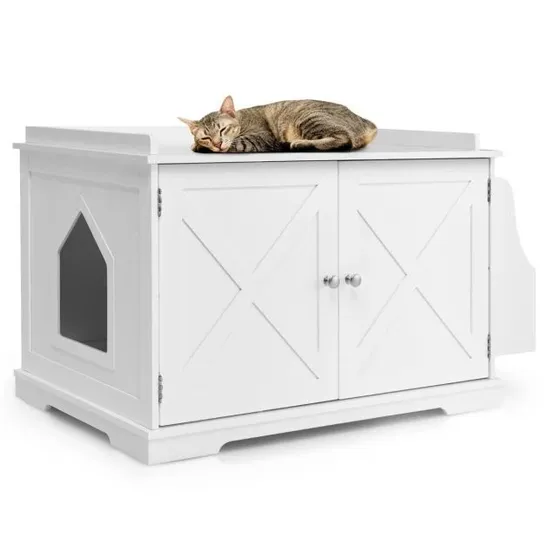 BOXED LARGE WOODEN CAT LITTER BOX ENCLOSURE WITH THE STORAGE RACK - WHITE