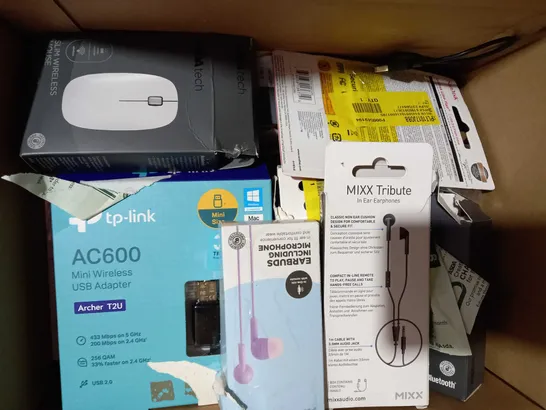 BOX OF APPROXIMATELY 20 ASSORTED ELECTRICAL ITEMS TO INCLUDE ASDA TECH EARBUDS WITH LIGHTNING CONNECTION, ASDA TECH SYNC AND CHARGE CABLE, JVC GUMY STEREO HEADPHONES