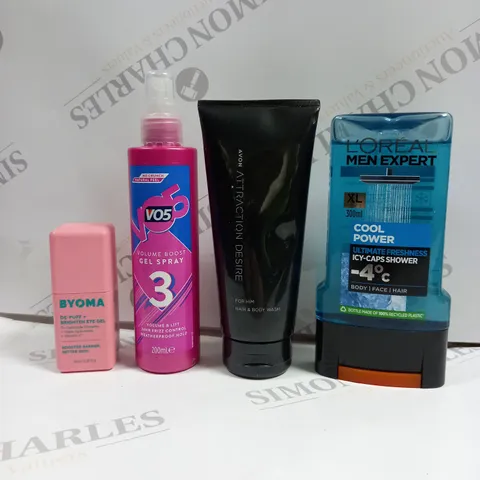 BOX OF APPROXIMATELY 20 ASSORTED COSMETICS TO INCLUDE VO5 GEL SPRAY, LOREAL MEN SHOWER WASH, BYOMA EYE GEL ETC