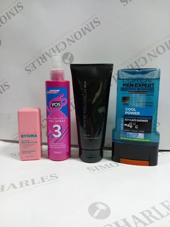 BOX OF APPROXIMATELY 20 ASSORTED COSMETICS TO INCLUDE VO5 GEL SPRAY, LOREAL MEN SHOWER WASH, BYOMA EYE GEL ETC