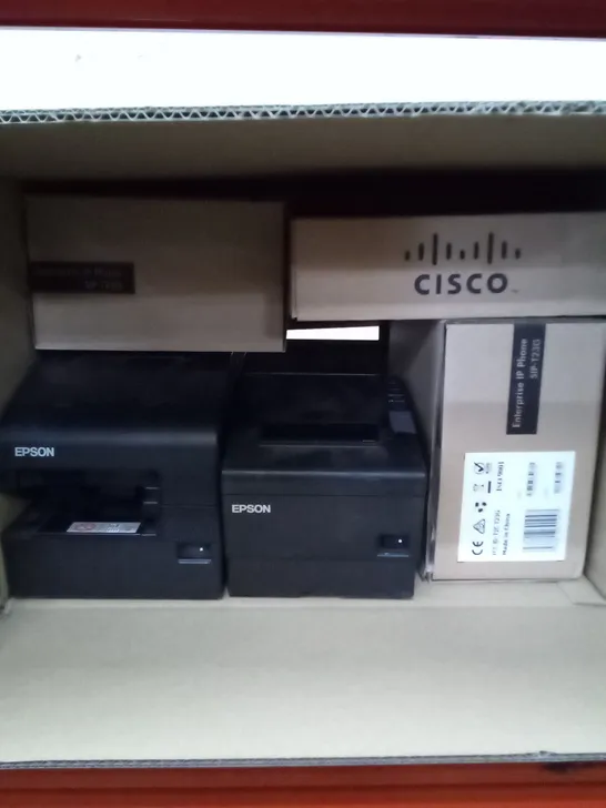 BOX OF 2 EPSON RECEIPT MACHINES AND CISCO OFFICE LANDLINE PHONES