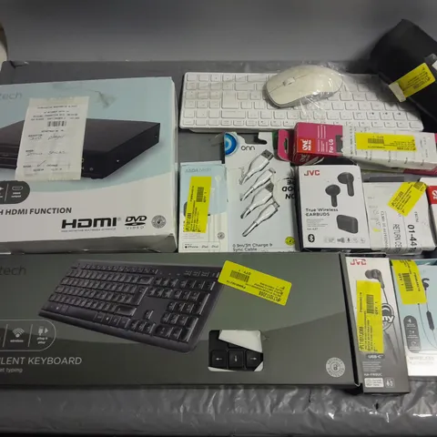 LOT OF APPROXIMATELY 40 ASSORTED TECH ITEMS TO INCLUDE WIRELESS SILENT KEYBOARD, JVC EARBUDS, CANOPN PRINTER AND STATUS TV MOOD LIGHTS