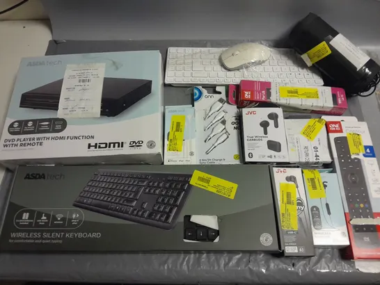 LOT OF APPROXIMATELY 40 ASSORTED TECH ITEMS TO INCLUDE WIRELESS SILENT KEYBOARD, JVC EARBUDS, CANOPN PRINTER AND STATUS TV MOOD LIGHTS