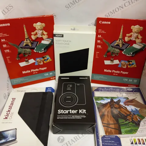APPROXIMATELY 10 ASSORTED HOUSEHOLD & ELECTRICAL PRODUCTS TO INCLUDE SAMSUNG CHARGING KIT, TARGUS KICKSTAND CASE, MATTE PHOTO PAPER ETC 