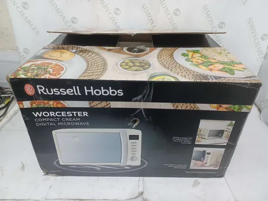 BOXED RUSSELL HOBBS WORCHESTER COMPACT CREAM DIGITAL MICROWAVE