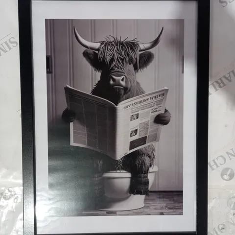 MOIEN CREATIONS SIGNED AND FRAMED BLACK AND WHITE HIGHLAND BATHROOM COW ART PRINT