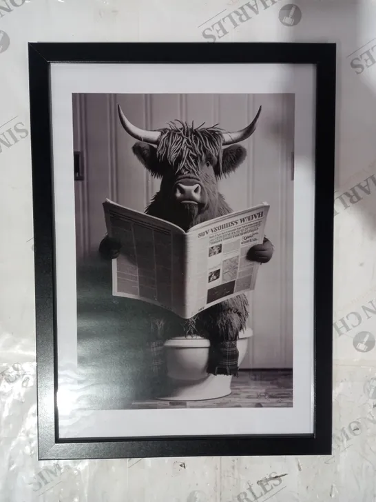 MOIEN CREATIONS SIGNED AND FRAMED BLACK AND WHITE HIGHLAND BATHROOM COW ART PRINT