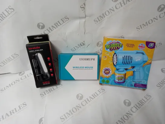 APPROXIMATELY 20 ASSORTED ITEMS TO INCLUDE TOY BUBBLE GUN, WIRELESS MOUSE, GIMBAL STABILISER ETC. 