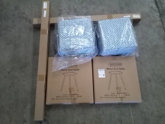 PALLET OF ASSORTED ITEMS INCLUDING METAL END TABLE, TELESCOPIC TENSION ROD, EXTRA LARGE SEWING BASKET 