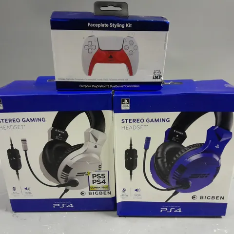 LOT OF 3 TECH ITEMS FOR PLAYSTATION INCLUDES BIGBEN STEREO GAMING HEADSETS FOR PS4 AND FACEPLATE STYLING KIT FOR PS5 CONTROLLER