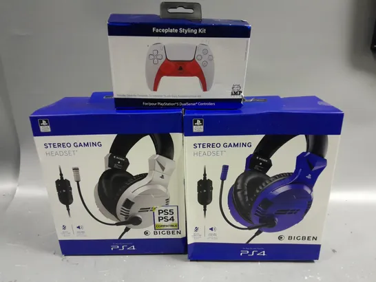 LOT OF 3 TECH ITEMS FOR PLAYSTATION INCLUDES BIGBEN STEREO GAMING HEADSETS FOR PS4 AND FACEPLATE STYLING KIT FOR PS5 CONTROLLER