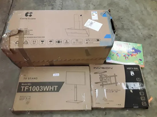 PALLET OF ASSORTED PRODUCTS INCLUDING COOKER HOOD, TV STAND, MAPOLOGY WORLD MAP, DOUBLE ARM WALL MOUNT 