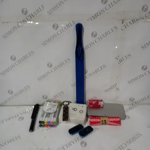 BOX OF ASSORTED ITEMS TO INCLUDE KEY RINGS, COLOURING PENS, TORCH