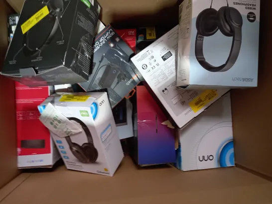 BOX OF APPROXIMATELY 20 ASSORTED ELECTRICAL ITEMS TO INCLUDE ASDA TECH WIRELESS EARBUDS, MIXX TYPE C TO USB CABLE, MIXX RX1 WIRELESS HEADPHONES, ETC