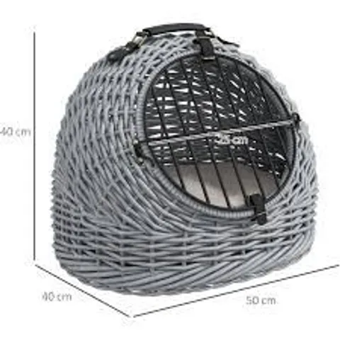 BOXED PAWHUT WICKER PET CARRIER BASKET CAT KITTEN BED PORTABLE TRAVEL CAGE W/ SOFT CUSHION HANDLE GREY 50 X 40 X 40 CM