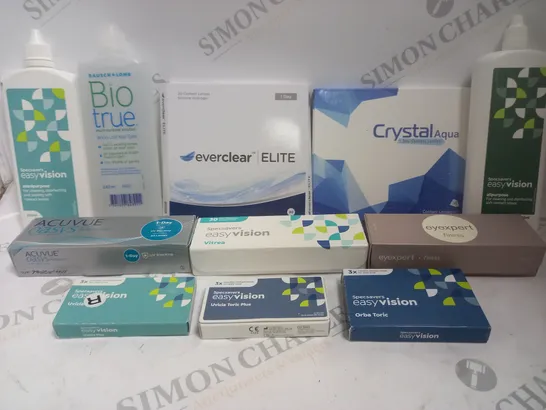 BOX OF APPROX 30 ASSORTED HEALTHCARE PRODUCTS TO INCLUDE VARIOUS CONTACT LENSES & SOLUTIONS 