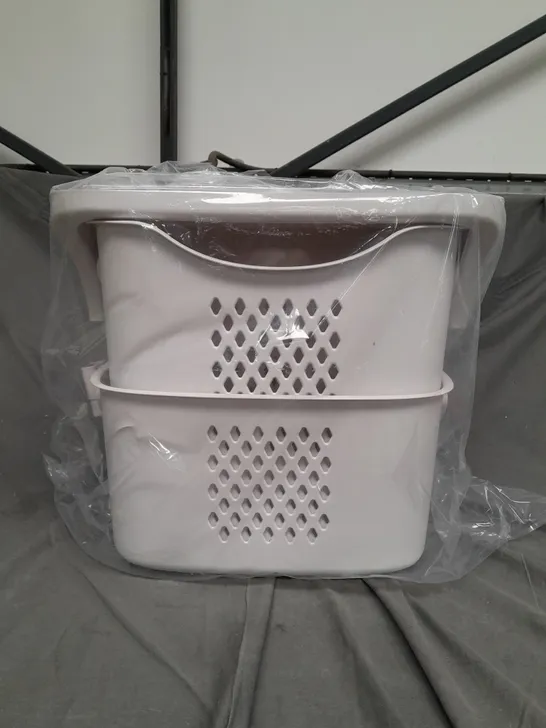 BOXED UNBRANDED TWO-TIERED STANDING LAUNDRY BASKET IN GREYISH WHITE