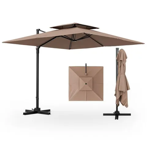 BOXED COSTWAY 3M SQUARE CANTILEVER GARDEN PARASOL WITH 360° ROTATION AND DOUBLE TOP - COFFEE