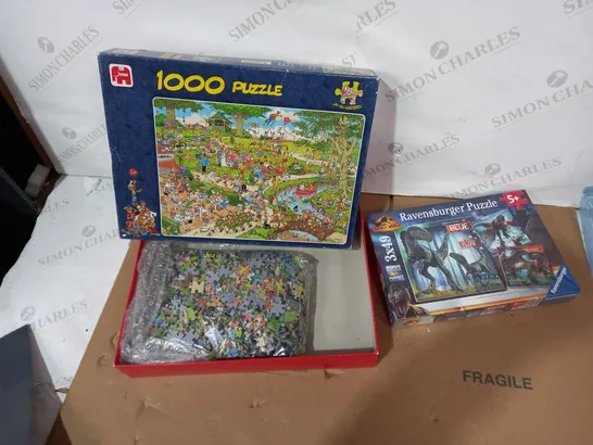 LOT OF 2 ASSORTED JIGSAW PUZZLES TO INCLUDE JUMBO JAN VAN HAASTEREN AND BOXED SEALED RAVENSBURGER JURRASSIC WORLD PUZZLE