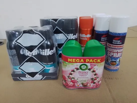 LOT OF ASSORTED HOME AEROSOLS TO INCLUDE WATERPROOF SPRAY AND GILLETTE SHAVE FOAM