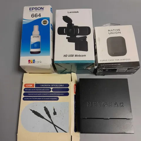 LOT OF 5 ASSORTED ITEMS TO INCLUDE NETGEAR ETHERNET SWITCH, NATIVE UNION CASE FOR AIRPODS AND LARNTEK WEBCAM