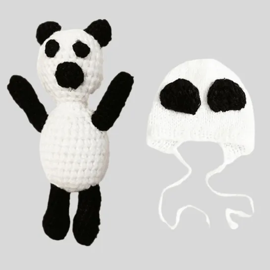 APPROXIMATELY 8 BRAND NEW CROCHET PANDA HAT WITH TEDDY DRESS UP OUTFIT