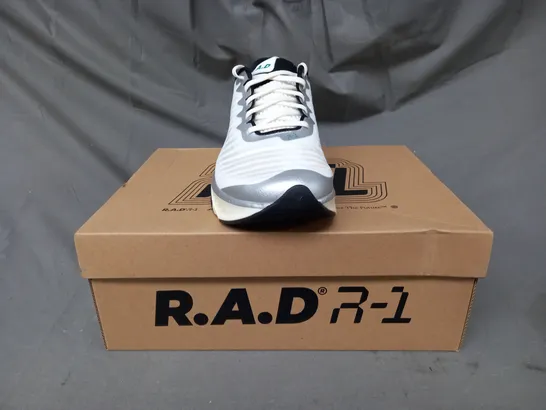 BOXED PAIR OF R.A.D. R-1 SHOES IN WHITE/METALLIC SILVER/GREEN UK SIZE 9.5