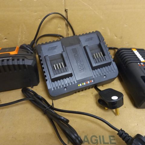 BOX OF APPROXIMATELY 5 ASSORTED HOUSEHOLD ITEMS TO INCLUDE WORX BATTERY CHARGER, WORX POWER SHARE BATTERY CHARGER, YARDFORCE BATTERY CHARGER, ETC