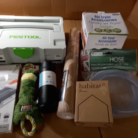 LOT OF ASSORTED HOUSEHOLD ITEMS TO INCLUDE FESTOOL CASE, KONG DOG TOY, GALAXY S22 CASE AND LED ALARM CLOCK