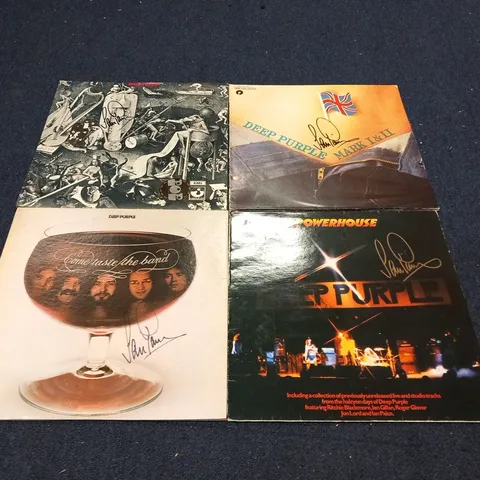 4 ASSORTED DEEP PURPLE ALBUM COVERS, 3 OF WHICH ARE SIGNED BY IAIN PLAICE