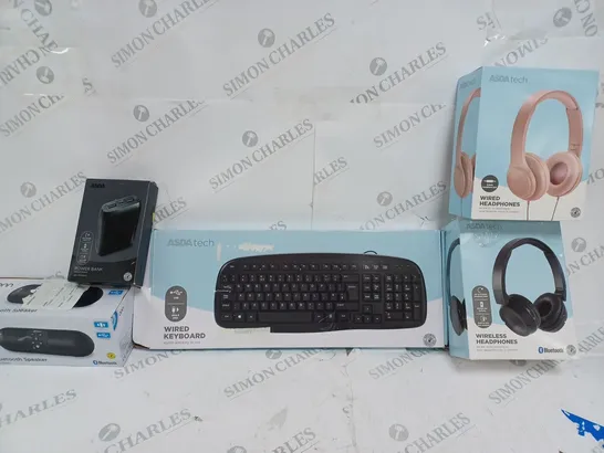 BOX OF APPROX 30 ASSORTED ITEMS TO INCLUDE - WIRED HEADPHONES - WIRED KEYBOARD - PORTABLE BLUETOOTH SPEAKER ECT