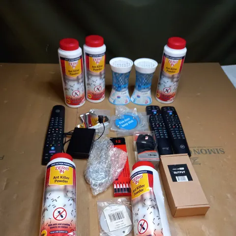 LOT OF ASSORTED ITEMS TO INCLUDE ANT KILLER POWDER, BT REMOTE CONTROLS AND DOOR HINGES