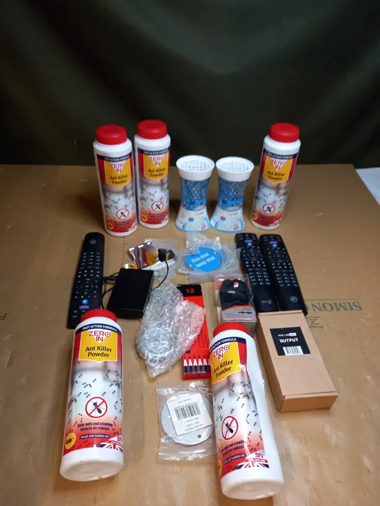 LOT OF ASSORTED ITEMS TO INCLUDE ANT KILLER POWDER, BT REMOTE CONTROLS AND DOOR HINGES