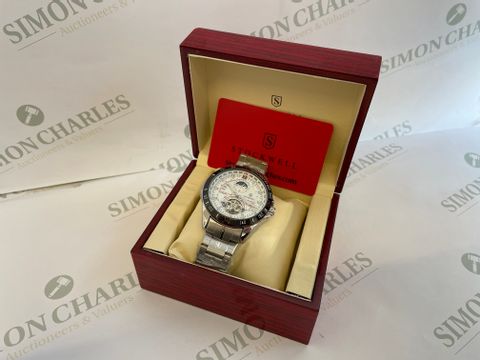 MEN’S STOCKWELL AUTOMATIC WATCH, MOONPHASE DIAL FOR AM/PM INDICATOR, WHITE DIAL, STAINLESS STEEL STRAP. GLASS BACK RRP &pound;650.00