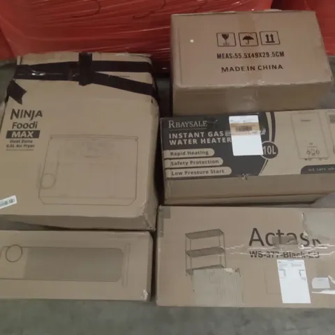 PALLET OF ASSORTED ITEMS INCLUDING ACTASK METAL SHELF, NINJA FOODI MAX DUAL ZONE AIR FRYER, SPACE HEATER, INSTANT GAS WATER HEATER, KOOLLA ELECTRIC OVEN