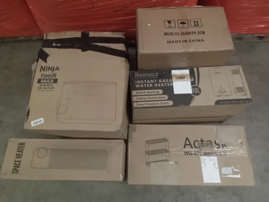 PALLET OF ASSORTED ITEMS INCLUDING ACTASK METAL SHELF, NINJA FOODI MAX DUAL ZONE AIR FRYER, SPACE HEATER, INSTANT GAS WATER HEATER, KOOLLA ELECTRIC OVEN