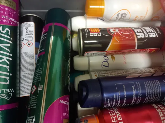 BOX OF APPROX 15 ASSORTED AEROSOLS TO INCLUDE SURE MEN DEODORANT, WELLA HAIRSPRAY, OUT&ABOUT WATERPROOF SPRAY, ETC 