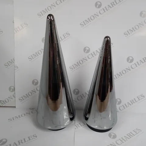 BOXED KELLY HOPPEN SET OF 2 INDOOR OUTDOOR PRELIT GLASS DECOR - REFLECTIVE CONES