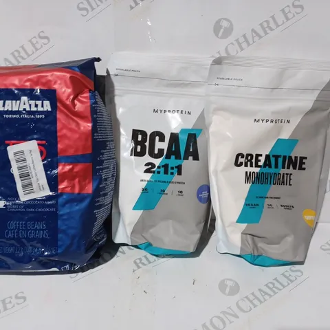 APPROXIMATELY 8 ASSORTED FOOD & DRINK ITEMS TO INCLUDE CREATINE MONOHYDRATE, BCAA 2:1:1, LAVAZZA COFFEE BEANS, ETC