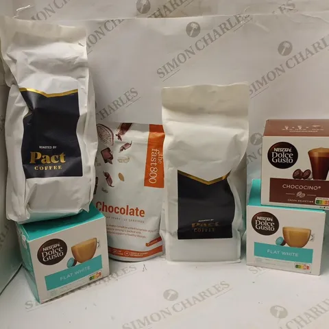 LOT OF APPROXMATELY 6  ITEMS TO INCLUDE THE FAST800 CHOCOLATE FOOD SHAKE (10 SERVINGS), PACT COFFEE BOURBON CREAM ESPRESSO - BUSINESS DARK (1KG), NESCAFE DOLCE GUSTO FLAT WHITE (8 PODS), ETC