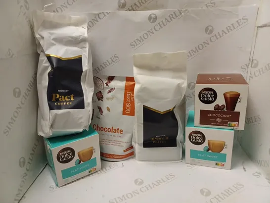 LOT OF APPROXMATELY 6  ITEMS TO INCLUDE THE FAST800 CHOCOLATE FOOD SHAKE (10 SERVINGS), PACT COFFEE BOURBON CREAM ESPRESSO - BUSINESS DARK (1KG), NESCAFE DOLCE GUSTO FLAT WHITE (8 PODS), ETC