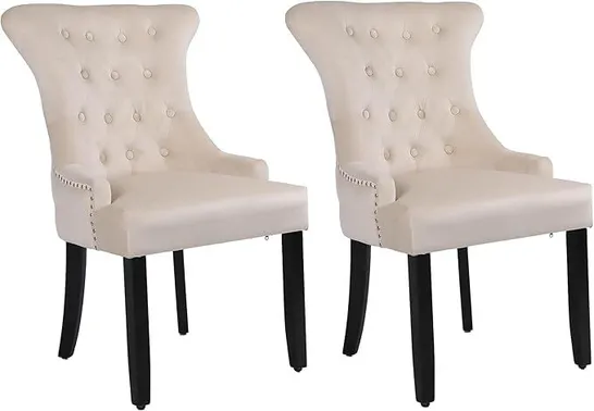 BOXED NEO SET OF 2 UPHOLSTERED CHAIRS HIGH BACK CRUSHED VELVET DINING CHAIRS WITH BUTTONS AND WOODEN LEGS - CREAM (1 BOX)